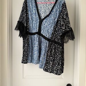 Suzanne Betro Blue and Black Floral Blouse